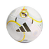 A white Adidas mini replica soccer ball featuring the Real Madrid club crest, black three-stripe logo, and yellow accents.