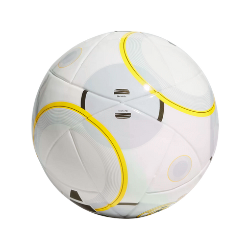 A white soccer ball with yellow and grey curved designs and the text 'Bernabéu' on its surface, isolated on a white background.