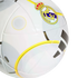 A white soccer ball featuring the Real Madrid club crest, the Adidas logo, and yellow and grey circular graphic patterns.