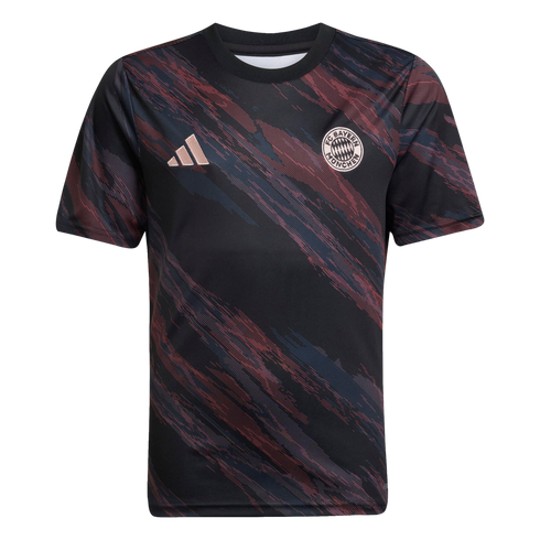 A black FC Bayern Munich soccer jersey with maroon and blue diagonal patterns, featuring copper Adidas and club logos on the chest.