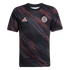 A black FC Bayern Munich soccer jersey with maroon and blue diagonal patterns, featuring copper Adidas and club logos on the chest.