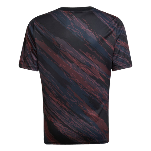Rear view of a black crew-neck athletic t-shirt featuring a diagonal, textured pattern of dark red and slate blue brushstrokes.
