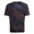 Rear view of a black crew-neck athletic t-shirt featuring a diagonal, textured pattern of dark red and slate blue brushstrokes.