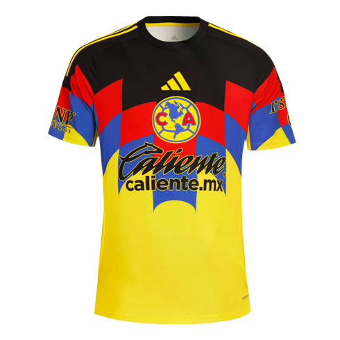 Club América soccer jersey with a black top, yellow lower half, and a blue and red checkered pattern featuring the team crest and Caliente sponsor logo.