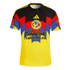 Club América soccer jersey with a black top, yellow lower half, and a blue and red checkered pattern featuring the team crest and Caliente sponsor logo.