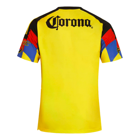The back of a bright yellow soccer jersey with a black "Corona" logo across the shoulders and colorful geometric patterns on the sleeves.
