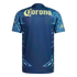 Back of a navy blue soccer jersey featuring a yellow "Corona" sponsor logo and light blue feather patterns on the sleeves and sides.