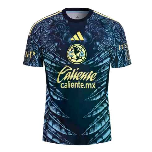 Navy and teal Club América soccer jersey featuring yellow logos and large eagle head and feather patterns across the front.