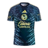 Navy and teal Club América soccer jersey featuring yellow logos and large eagle head and feather patterns across the front.