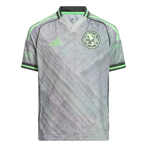 A grey Adidas Club América soccer jersey with neon green accents on the shoulders and collar. It features a subtle wavy pattern and the team crest on the left chest.