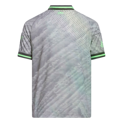Rear view of a gray short-sleeve athletic jersey featuring wavy diagonal patterns and bright neon green trim on the collar and sleeves.