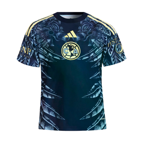 Dark blue Club América soccer jersey featuring light blue Aztec-inspired eagle graphics, a central club crest, and yellow Adidas logo and shoulder stripes.