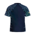 The back of a navy blue athletic shirt featuring ornate light blue feather-like patterns on the shoulders and sides, with gold sleeve logos, against a black background.