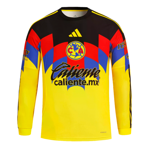 Adidas yellow long-sleeved Club América goalkeeper jersey featuring black, red, and blue geometric patterns on the chest, the club crest, and sponsor logos.