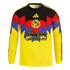 Adidas yellow long-sleeved Club América goalkeeper jersey featuring black, red, and blue geometric patterns on the chest, the club crest, and sponsor logos.