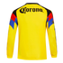 Back view of a yellow long-sleeved jersey with a black Corona logo and black, red, and blue geometric patterns on the shoulders and upper sleeves.