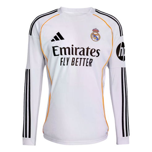 White long-sleeved Real Madrid soccer jersey with black stripes, orange piping, and sponsor logos including Adidas, Emirates, and HP.