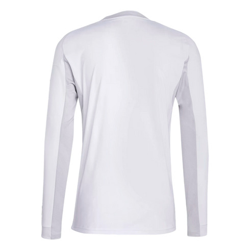 Back view of a pale grey long-sleeved performance shirt with dark grey mesh underarm panels and ribbed cuffs.