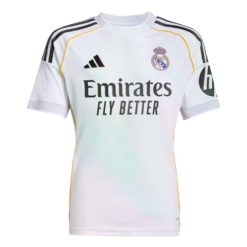 White Real Madrid home jersey with black Adidas stripes, club crest, and "Emirates FLY BETTER" sponsor. Includes gold trim and an HP logo on the sleeve.