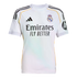 White Real Madrid home jersey with black Adidas stripes, club crest, and "Emirates FLY BETTER" sponsor. Includes gold trim and an HP logo on the sleeve.