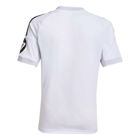 Rear view of a white short-sleeved athletic jersey featuring black stripes on the shoulders and a logo on the left sleeve.