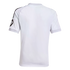 Rear view of a white short-sleeved athletic jersey featuring black stripes on the shoulders and a logo on the left sleeve.