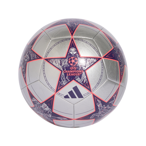 Silver Adidas UEFA Champions League football with purple and pink stars featuring detailed lion and athlete illustrations.