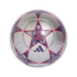 Silver Adidas UEFA Champions League football with purple and pink stars featuring detailed lion and athlete illustrations.