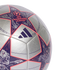Silver Adidas UEFA Champions League soccer ball with purple star panels featuring intricate lion and character artwork.