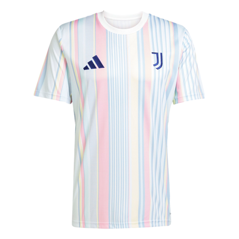 A Juventus soccer jersey featuring multicolored pastel vertical stripes with a navy blue Adidas logo and Juventus "J" logo on the chest.