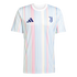 A Juventus soccer jersey featuring multicolored pastel vertical stripes with a navy blue Adidas logo and Juventus "J" logo on the chest.