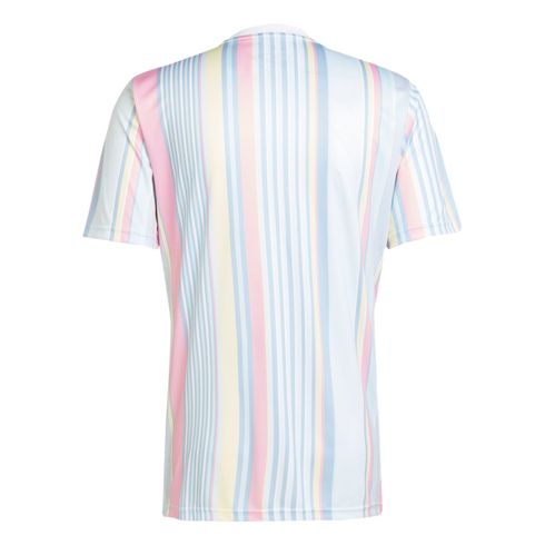 Back view of a short-sleeved t-shirt featuring a pastel vertical stripe pattern in light blue, pink, yellow, and white.