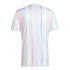 Back view of a short-sleeved t-shirt featuring a pastel vertical stripe pattern in light blue, pink, yellow, and white.