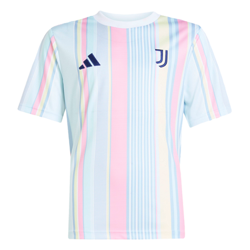 Short-sleeved Adidas Juventus jersey with vertical pastel pink, light blue, and yellow stripes and navy blue logos on the chest.