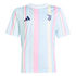 Short-sleeved Adidas Juventus jersey with vertical pastel pink, light blue, and yellow stripes and navy blue logos on the chest.