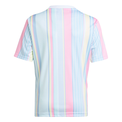 Back view of a short-sleeved shirt featuring a pattern of vertical pastel stripes in pink, blue, yellow, and green.