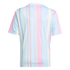 Back view of a short-sleeved shirt featuring a pattern of vertical pastel stripes in pink, blue, yellow, and green.