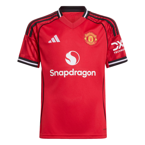 Red Manchester United 2024/25 home jersey featuring the Adidas logo, team crest, and Snapdragon sponsor logo.