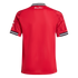 The back of a red Manchester United football shirt with black and white striped collar and cuffs. "Theatre of Dreams" is written in white cursive below the neckline.