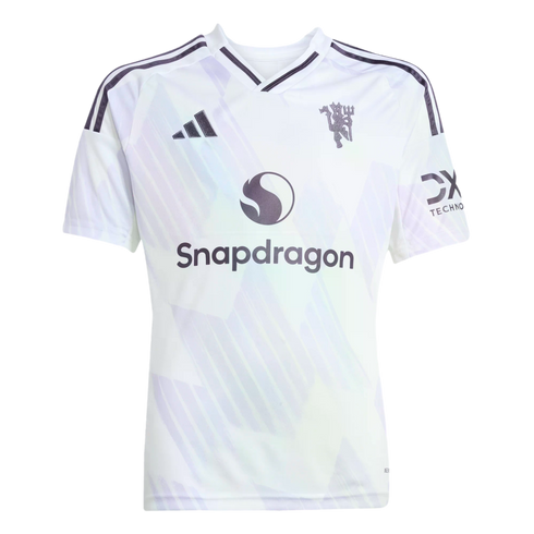 White Manchester United football jersey with light iridescent patterns, featuring the Snapdragon sponsor logo and Adidas branding.