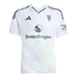 White Manchester United football jersey with light iridescent patterns, featuring the Snapdragon sponsor logo and Adidas branding.