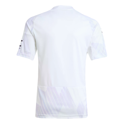 Back view of a white short-sleeve athletic jersey featuring light purple graphic patterns on the sleeves and lower back panel.