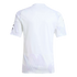 Back view of a white short-sleeve athletic jersey featuring light purple graphic patterns on the sleeves and lower back panel.