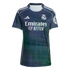 A dark navy Adidas Real Madrid soccer jersey with lime green accents, the team crest, and the "Emirates FLY BETTER" sponsor logo across the chest.