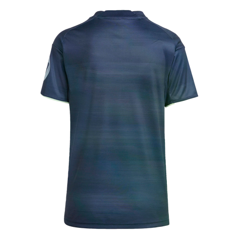 Back view of a dark blue short-sleeved sports jersey with a horizontal ribbed texture. Features include light green trim on the sleeve cuffs and a logo on the left sleeve.