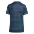 Back view of a dark blue short-sleeved sports jersey with a horizontal ribbed texture. Features include light green trim on the sleeve cuffs and a logo on the left sleeve.