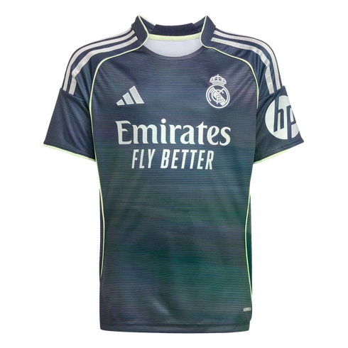 A dark grey Real Madrid away football jersey with horizontal stripes, light green trim, and white logos for Adidas, Emirates, and HP.