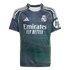 A dark grey Real Madrid away football jersey with horizontal stripes, light green trim, and white logos for Adidas, Emirates, and HP.