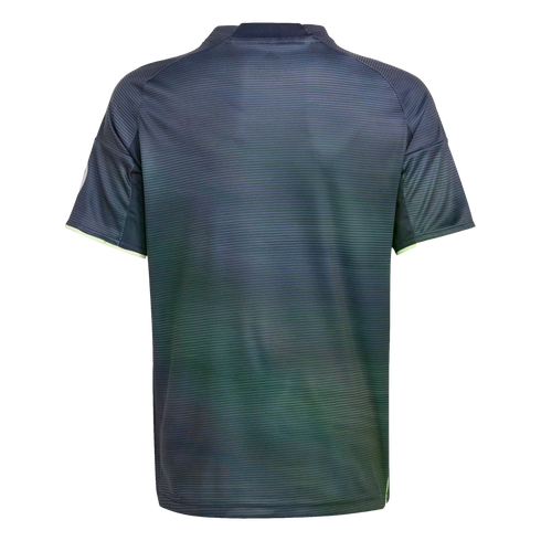 Back view of a dark blue athletic jersey with fine horizontal stripes and lime green trim on the sleeve cuffs and hem.