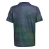 Back view of a dark blue athletic jersey with fine horizontal stripes and lime green trim on the sleeve cuffs and hem.